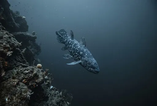 Coelacanth Swimming Downward Near Deep Ocean Reef