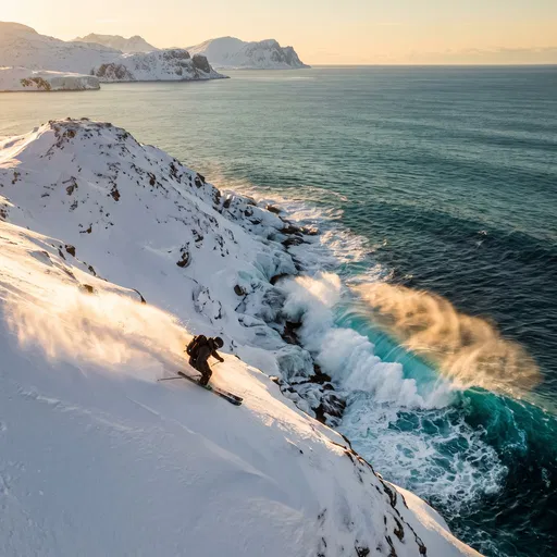 Skier Descending Snowy Coastal Slope Near Waves