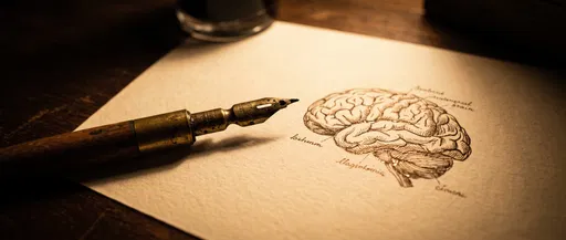 Vintage Dip Pen Beside Sepia Brain Drawing