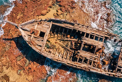 Aerial View of Wooden Shipwreck on Reef