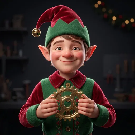 Cheerful 3D Holiday Elf Holding Brass Gear