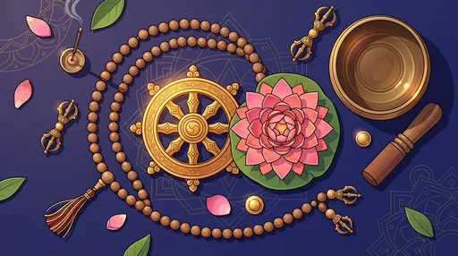 Buddhist Ritual Objects Flat Lay Illustration