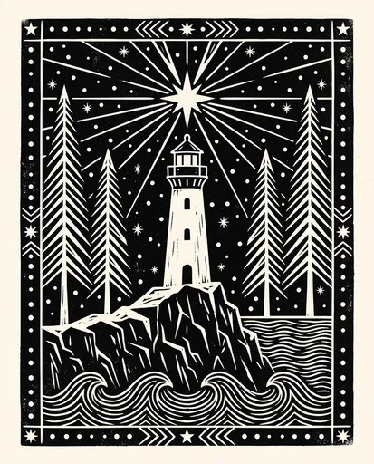 Festive Linocut Lighthouse and Star Illustration