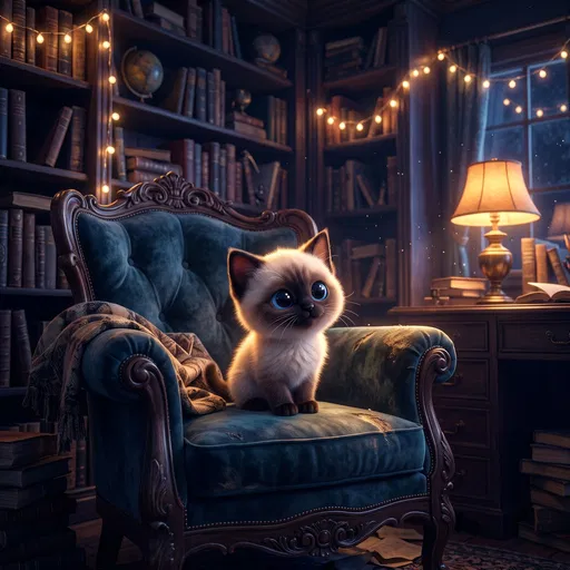 Stylized Siamese Kitten in Cozy Study