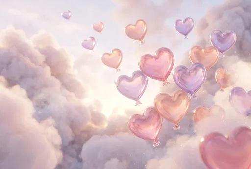 Pastel Glass Heart Balloons in Clouds