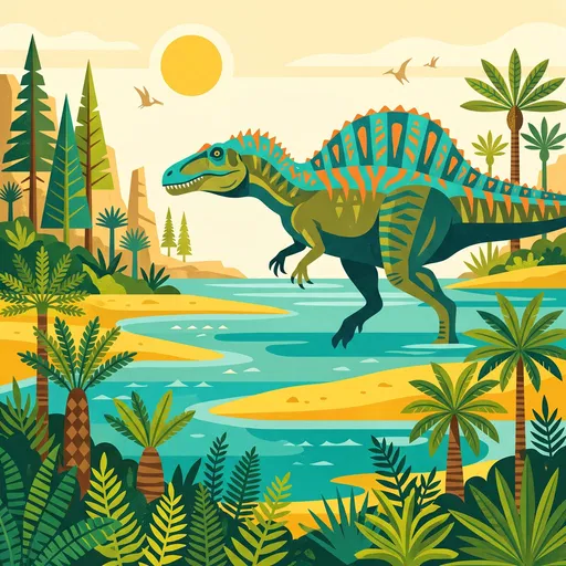 Mid-Century Prehistoric Dinosaur Lagoon Illustration