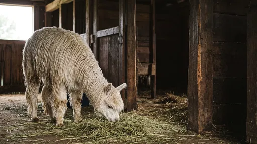 Cream Suri Alpaca Eating Hay in Barn