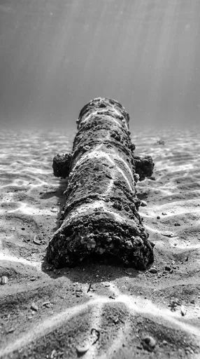 Monochrome Underwater Shipwreck Cannon Barrel