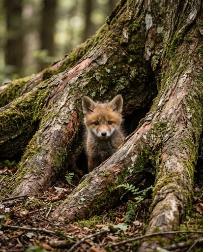 Baby Red Fox in Mossy Roots