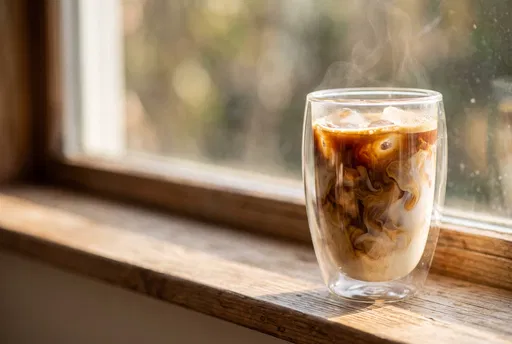 Swirling Iced Coffee on Sunlit Window Ledge