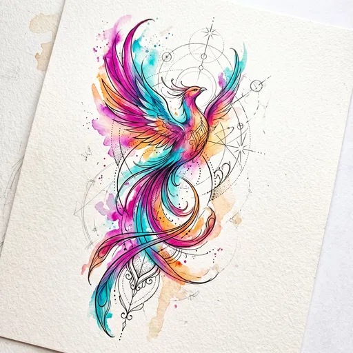 Vibrant Watercolor Phoenix Tattoo Design Illustration