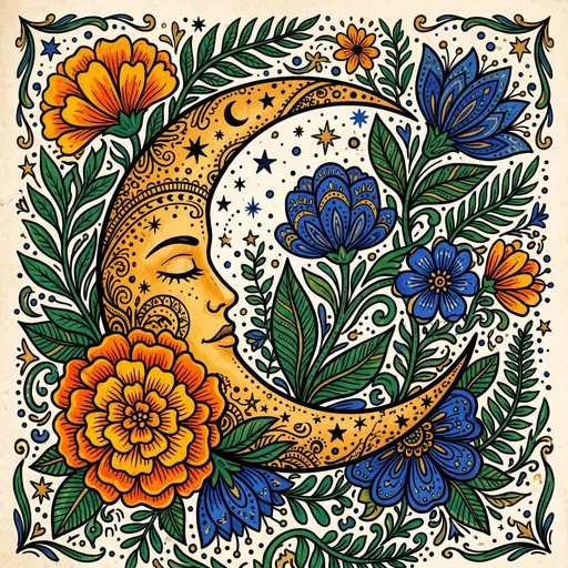 Folk Art Crescent Moon Floral Illustration