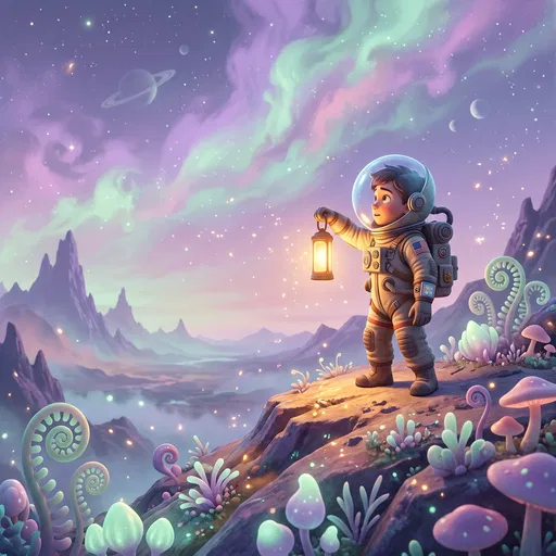 Stylized Young Astronaut With Glowing Lantern