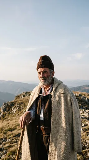 Traditional Bulgarian Shepherd on Mountain Peak