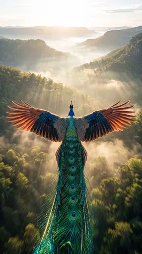 Peacock Flying Over Misty Sunlit Valley