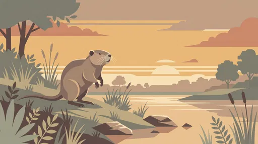 Nutria on Riverbank Sunset Flat Illustration
