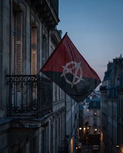 Anarchist Flag on Balcony at Blue Hour
