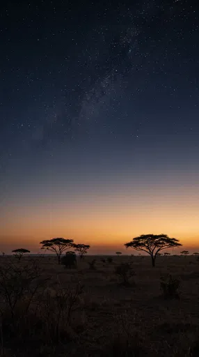 Savannah Acacia Trees Under Starry Twilight Sky