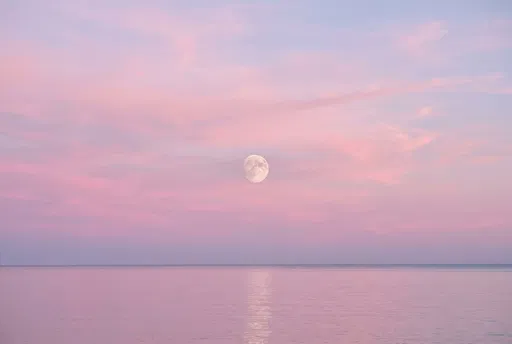 Pastel Pink Twilight Moon Over Ocean