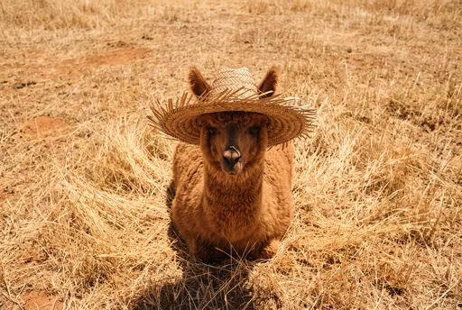 Brown Llama Wearing Woven Sun Hat