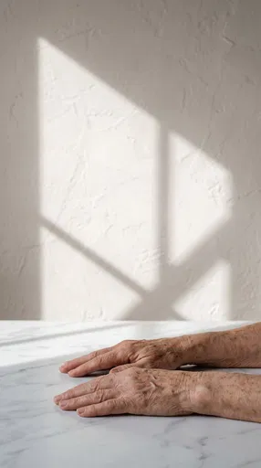 Mature Wrinkled Hands on Marble Countertop