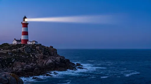 Lighthouse Shining Over Rocky Coast at Dusk