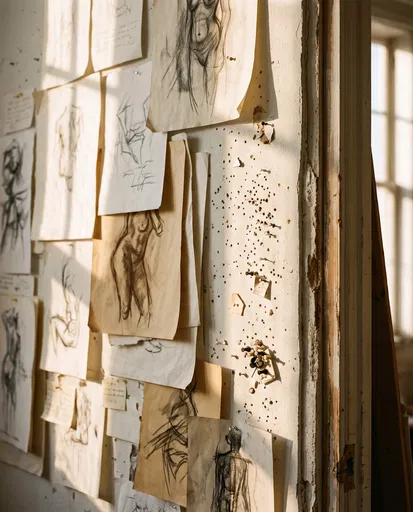 Sunlit Studio Wall With Charcoal Sketches