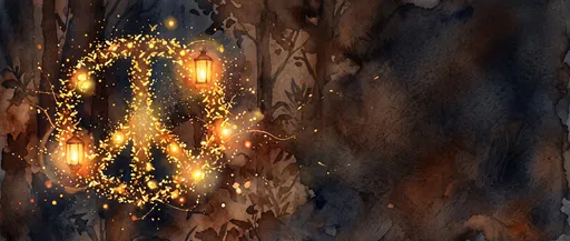 Glowing Firefly Peace Sign in Watercolor Forest