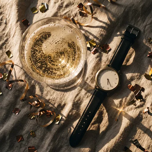 Champagne Glass and Minimalist Watch Flat Lay