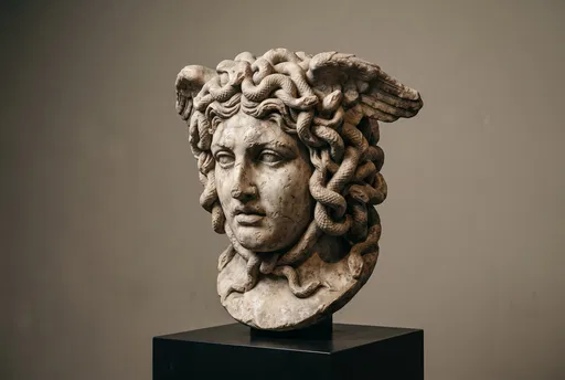 Weathered Marble Gorgon Bust on Pedestal