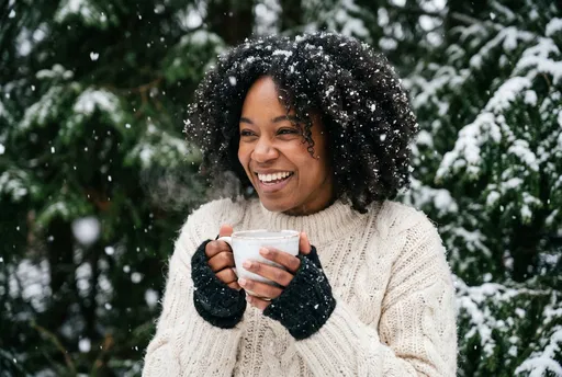 Joyful Woman Holding Warm Mug in Snow