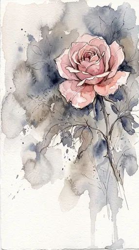 Dusty Pink Rose Watercolor and Ink Illustration