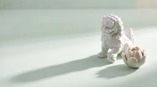 White Porcelain Guardian Lion and Ceramic Lotus