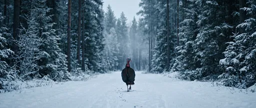 Lone Wild Turkey on Snowy Forest Trail