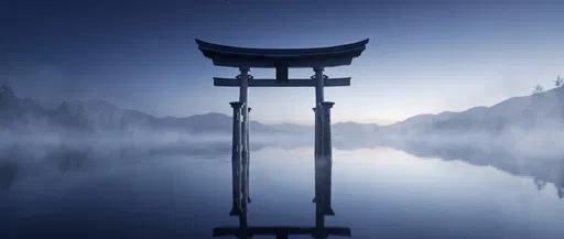 Torii Gate in Misty Dawn Lake