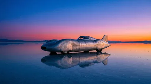 Vintage Aluminum Land Speed Car at Twilight