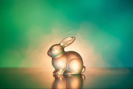 Glowing Gold Rabbit Figurine on Green Background
