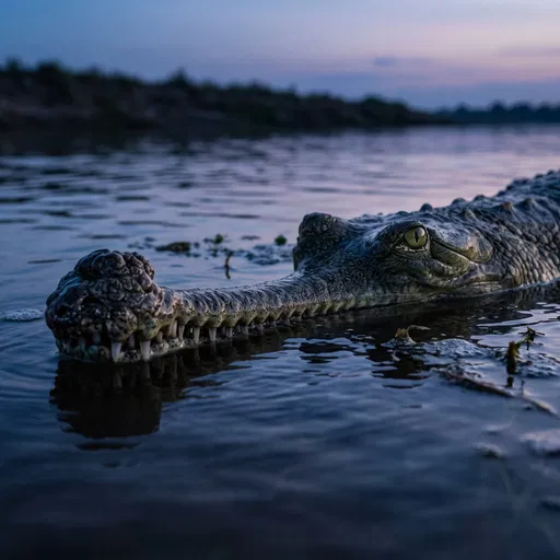 Male Gharial Submerged at Twilight
