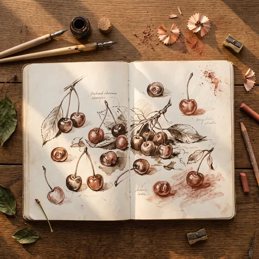 Vintage Sketchbook With Botanical Cherry Drawings