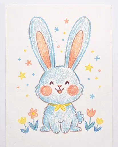 Pastel Crayon Drawing of Cute Blue Bunny