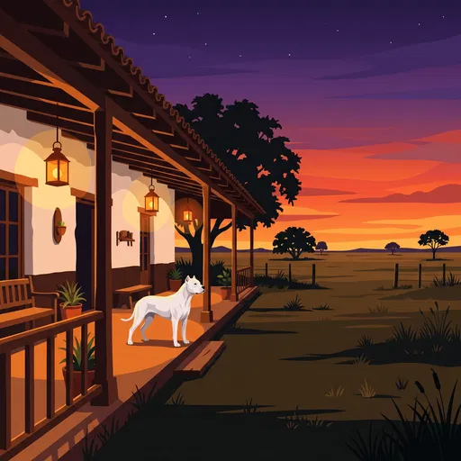 White Dog on Ranch Porch at Twilight