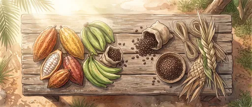Watercolor Tropical Harvest on Wooden Table