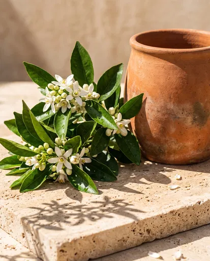 Orange Blossoms Next to Terracotta Pot