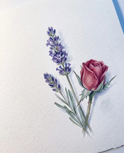Colored Pencil Lavender and Rose Drawing