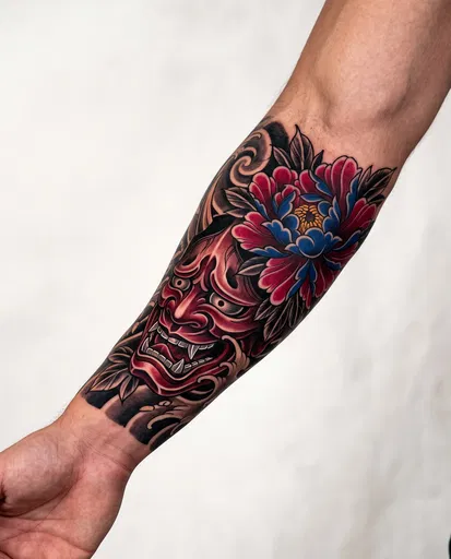 Japanese Hannya Mask and Peony Forearm Tattoo