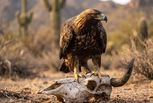 Golden Eagle Perched on Desert Cattle Skull