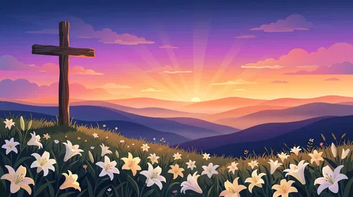 Wooden Cross and Lilies at Easter Dawn