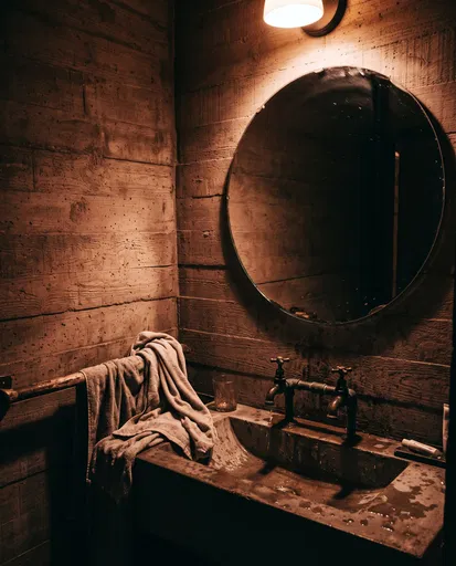 Warm Toned Brutalist Bathroom at Night
