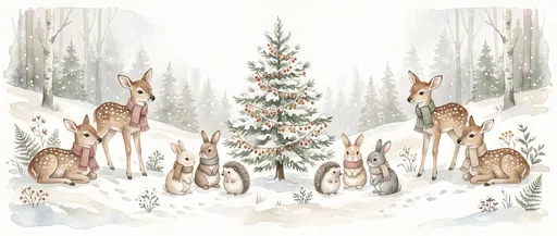 Watercolor Woodland Animals Around Christmas Tree