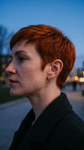 Woman With Auburn Pixie Cut at Dusk